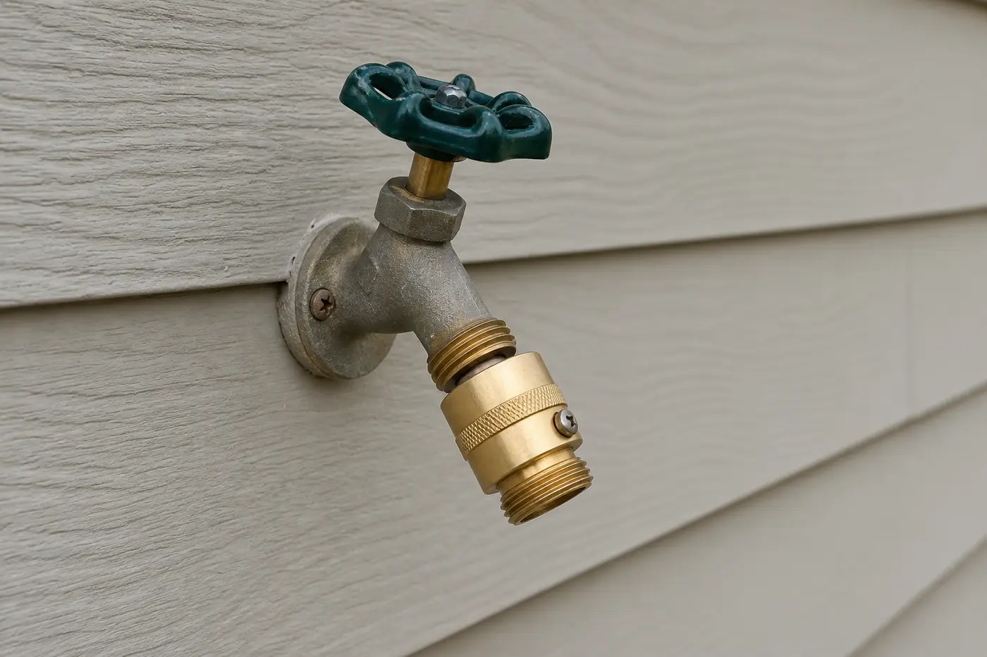 Exterior hose bib with brass vacuum breaker attached to the hose outlet