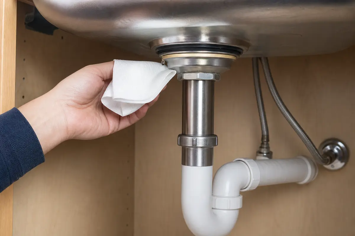 Paper towel tracing a water bead at the underside of a stainless kitchen sink basket strainer while the tailpiece and trap remain dry