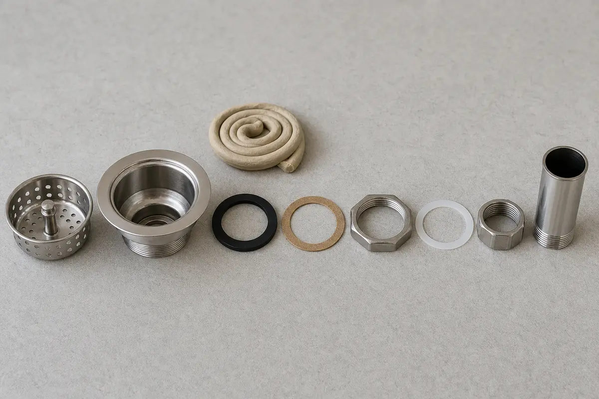 Kitchen sink basket strainer, rubber gasket, fiber washer, locknut, tailpiece washer, coupling nut, tailpiece, and plumber's putty laid out in order