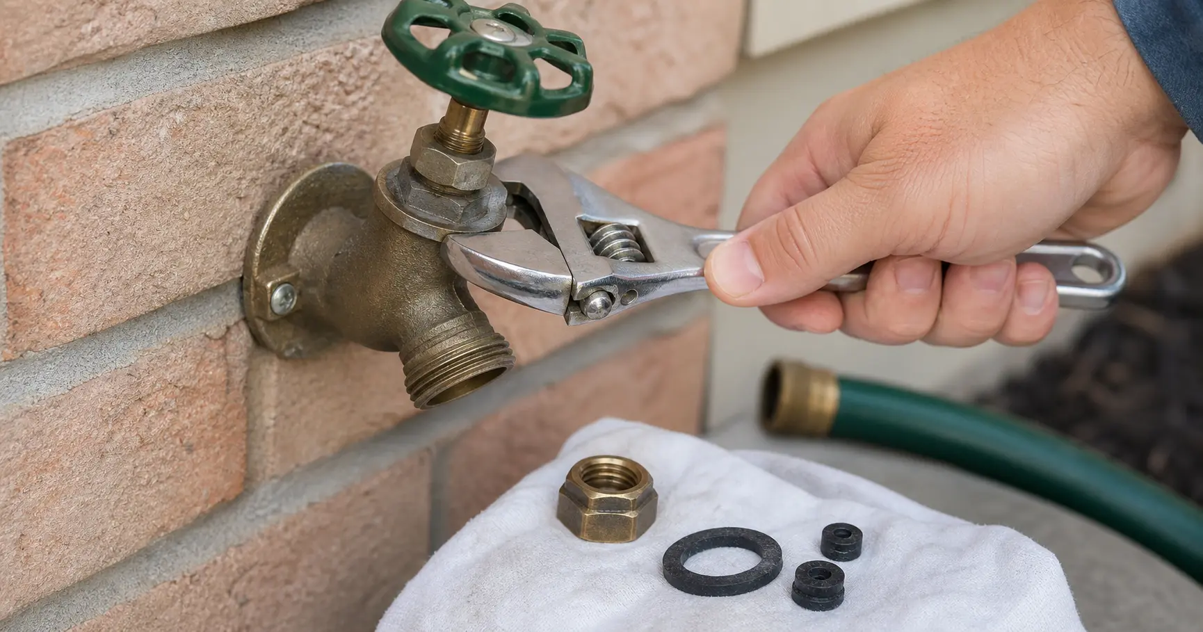 Outdoor faucet packing nut being loosened with packing washers nearby