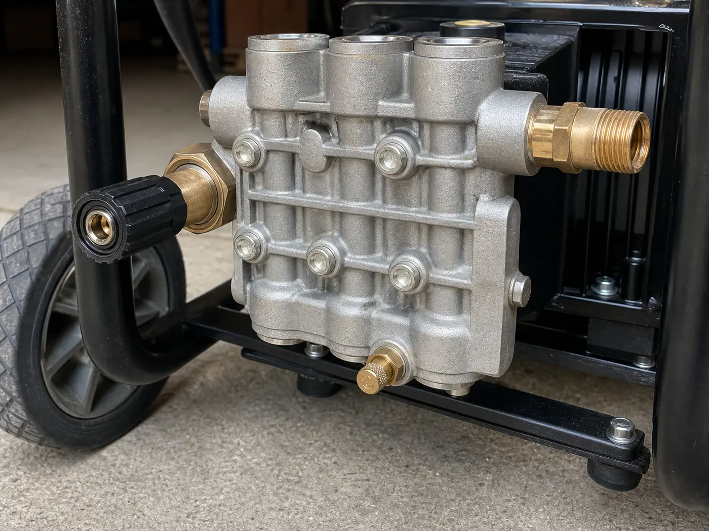 Pressure washer pump with a brass thermal relief valve threaded into the lower pump body