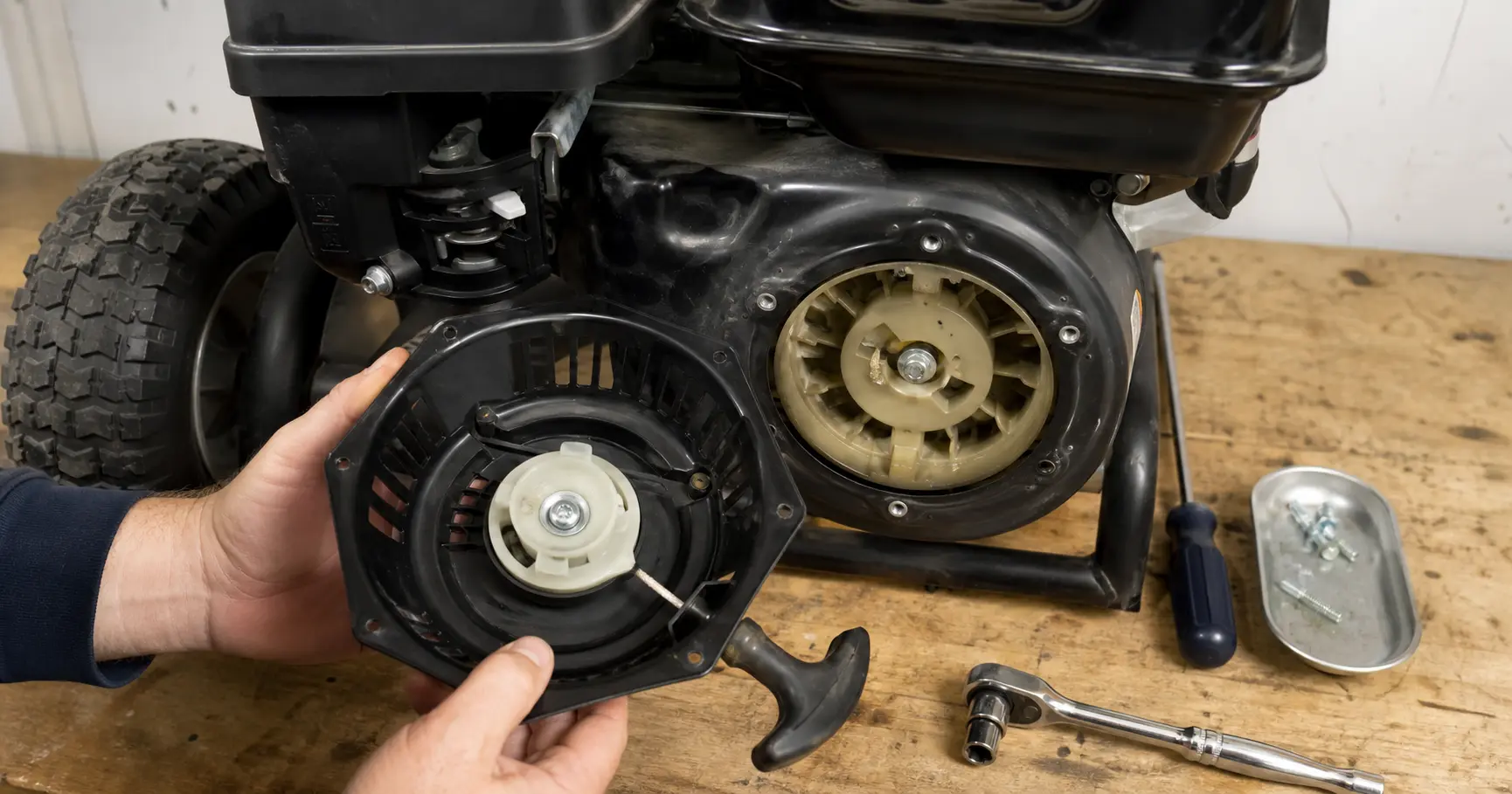Pressure washer recoil starter assembly removed from small engine housing