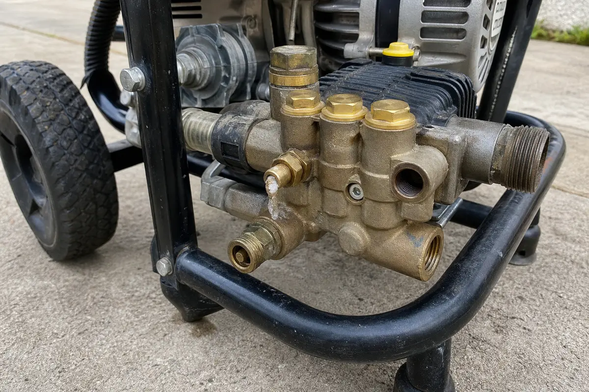 Pressure washer pump showing the small thermal relief valve where water may leak