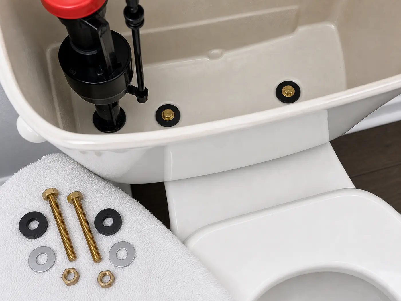 Open toilet tank with new tank-to-bowl bolts and rubber washers seated in the bottom of the tank