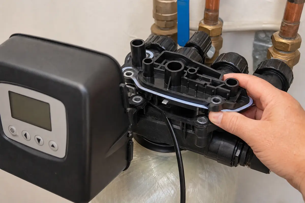 Replacement water softener bypass valve dry-fit showing port and clip alignment