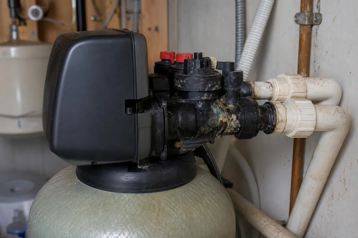 Leak or crack at a water softener bypass valve body before replacement