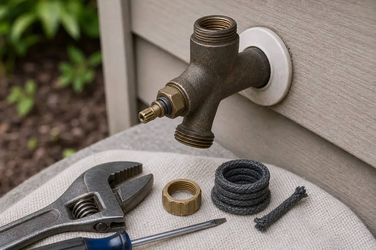 Hose bib handle removed with packing nut, graphite packing, wrench, and screwdriver ready
