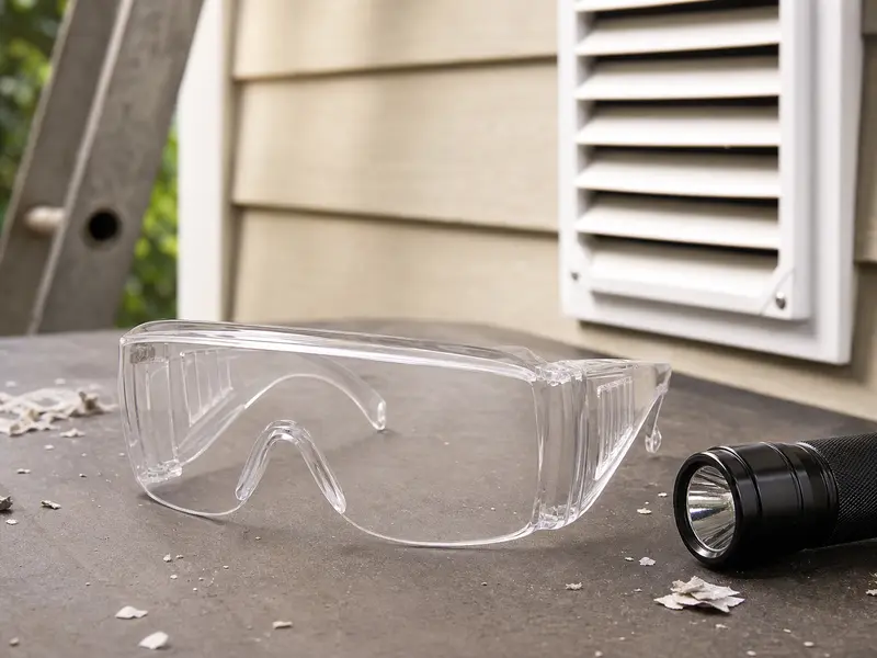 Safety glasses for protecting eyes from loose debris during bathroom vent repair