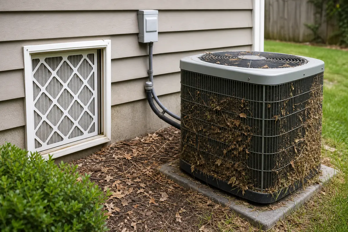 Outdoor air conditioner condenser and return grille used for AC compressor constantly running diagnosis