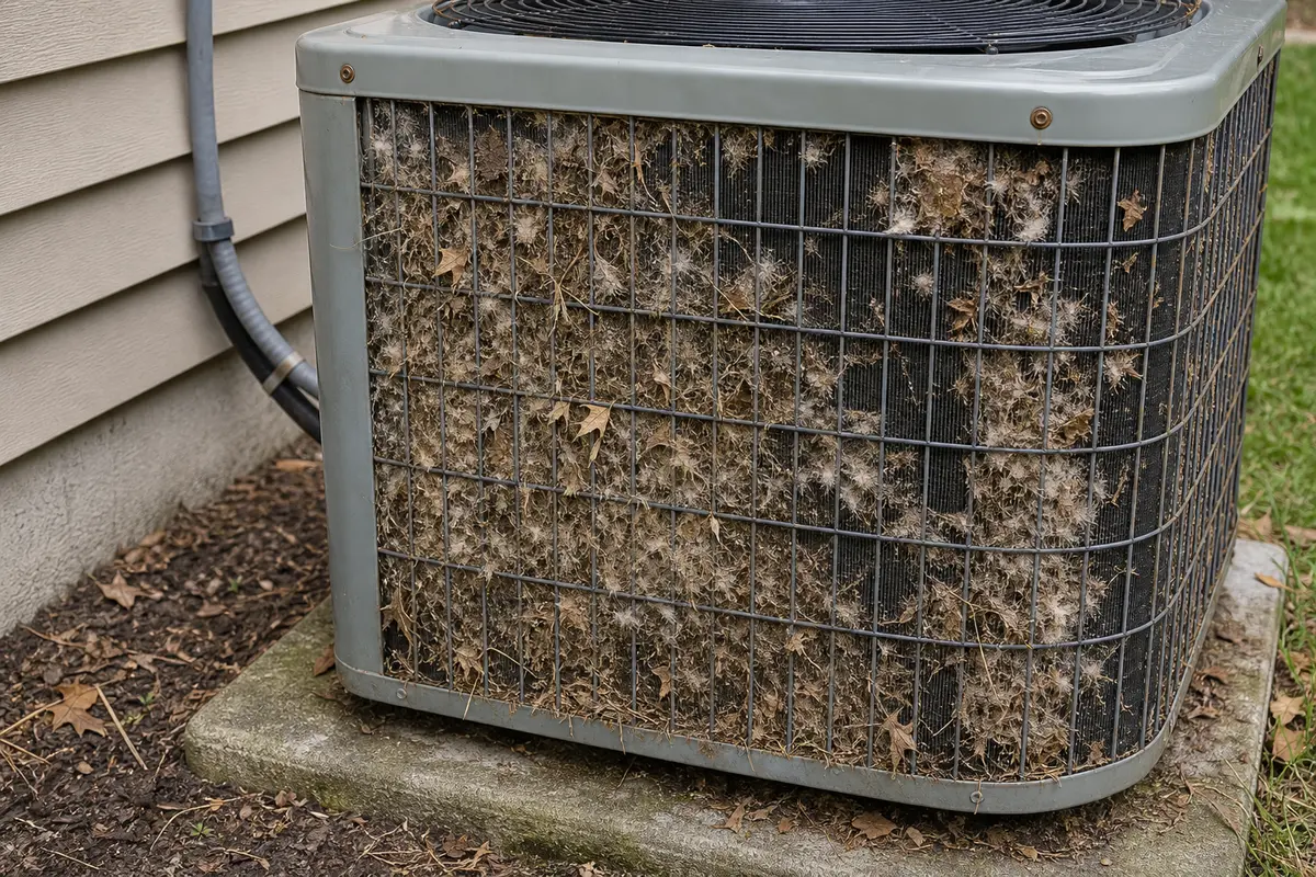 Dirty outdoor condenser coil packed with debris for AC compressor constantly running check