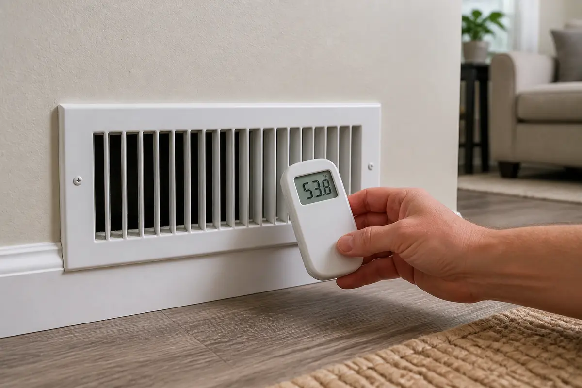 Thermometer at supply vent checking cooling output when AC compressor runs constantly