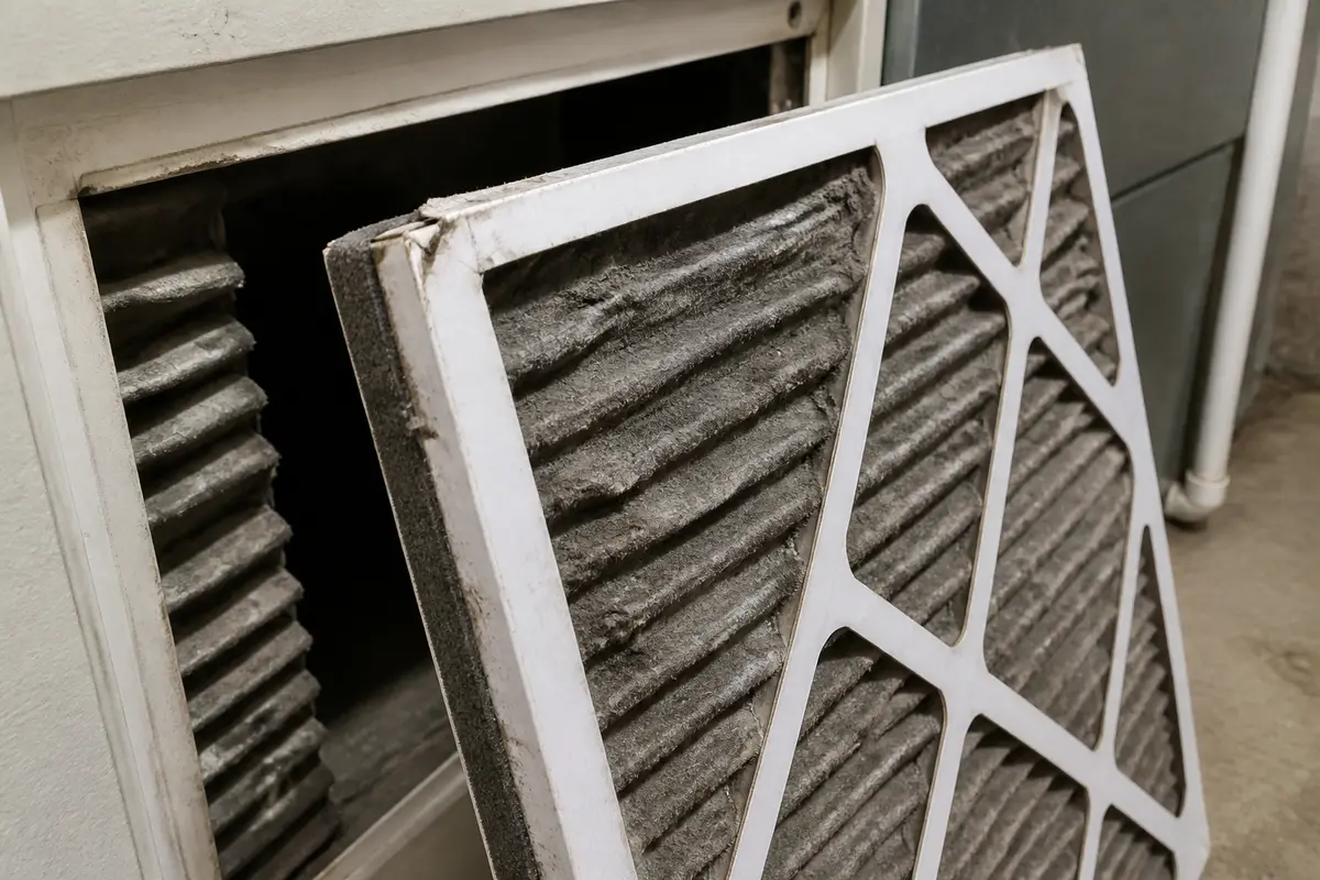 Damp filter checked when AC smells musty