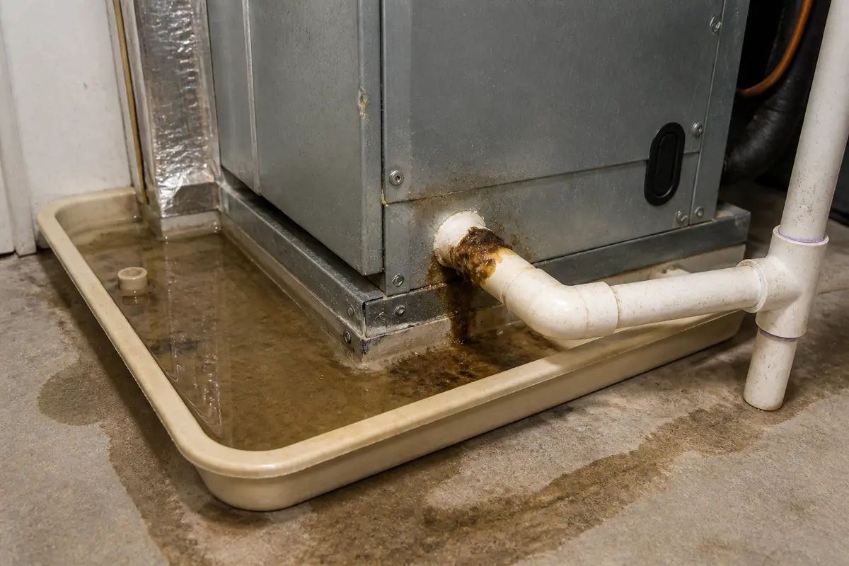 Condensate drain and pan checked when AC smells musty