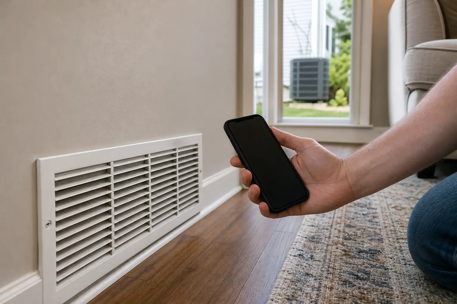 Phone timer beside supply vent while AC blower run time is checked after cooling stops