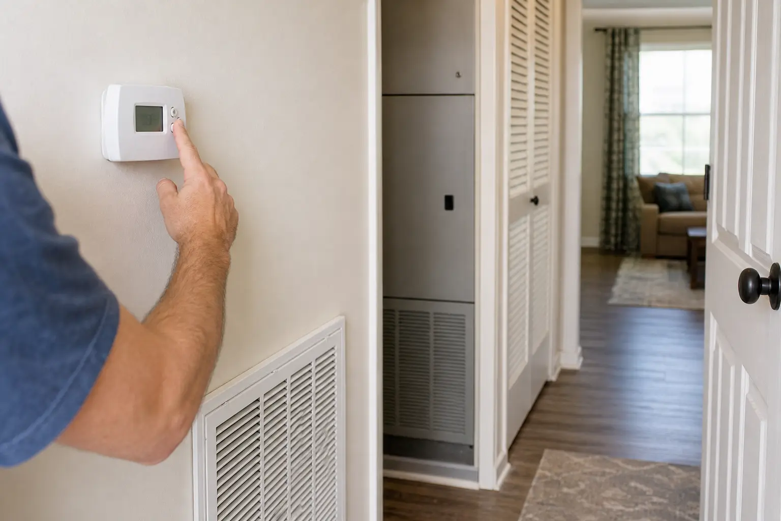 Homeowner checking thermostat for AC blower that stays on after cooling cycle