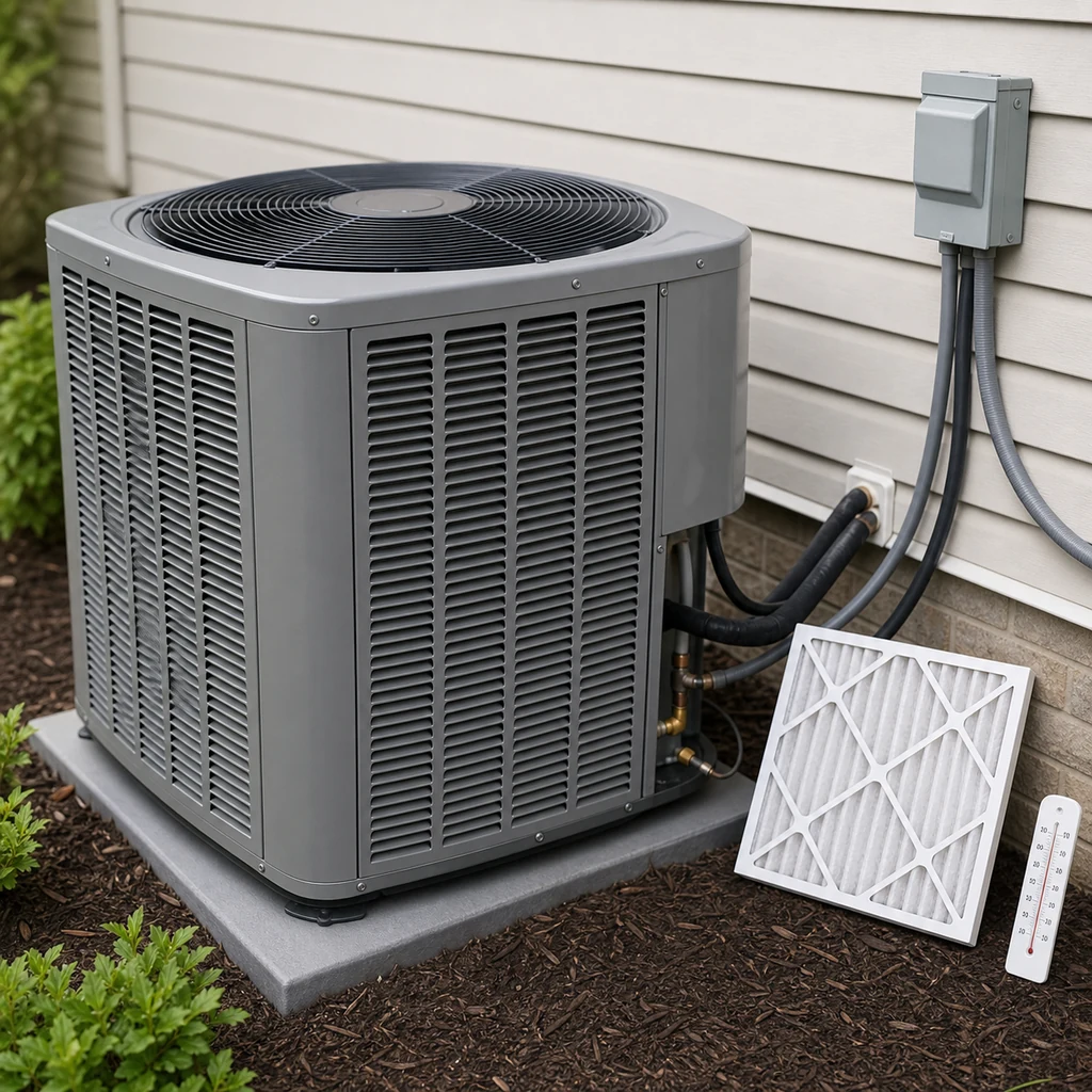 Outdoor AC condenser and filter used to troubleshoot warm air from vents