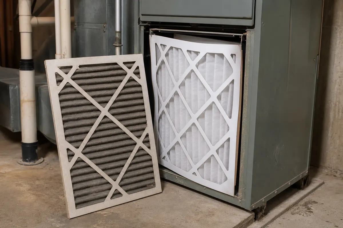 Dirty and clean AC filters used to check slow cooling after a filter change