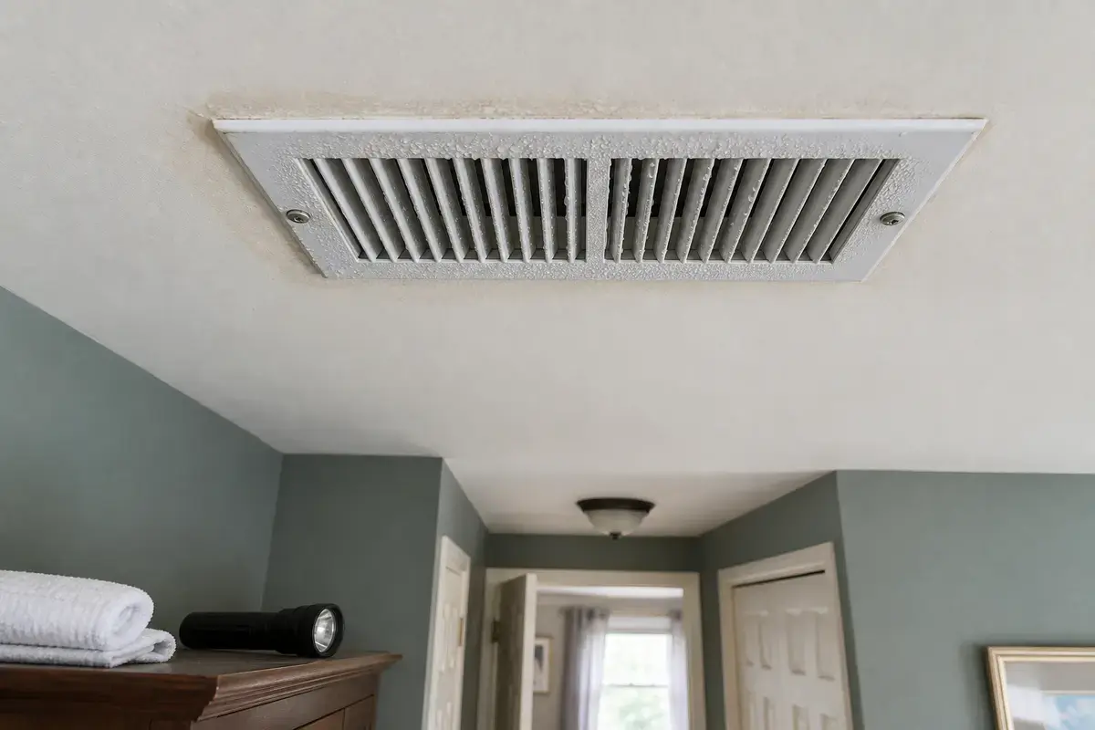 Ceiling supply register with condensation checked while air conditioner runs