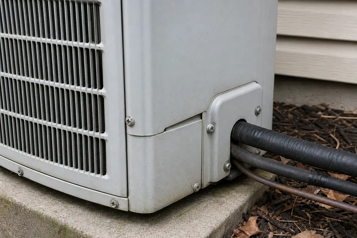 Condenser fan guard and exterior panel checked for buzzing vibration