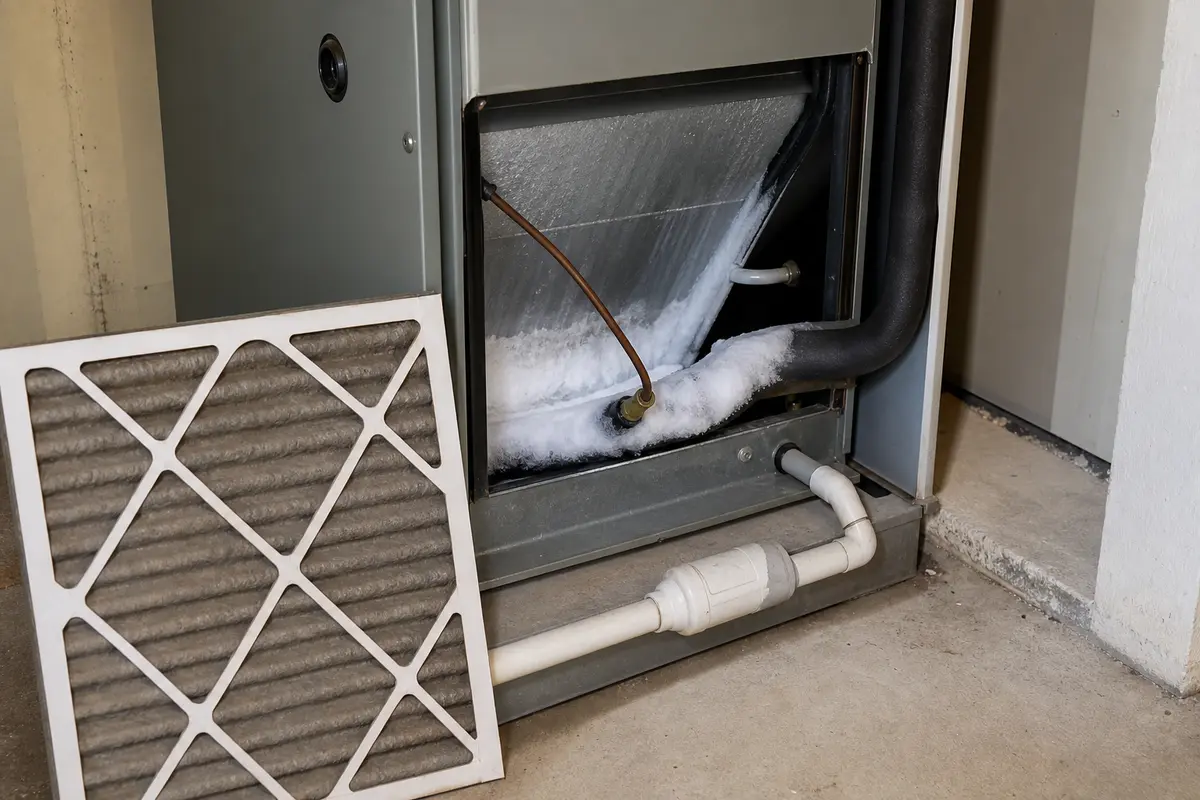 Frozen evaporator coil and dirty filter clue for an AC freezing up