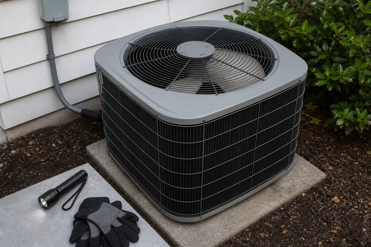 Outdoor condenser checked from a safe distance for an AC fan not spinning