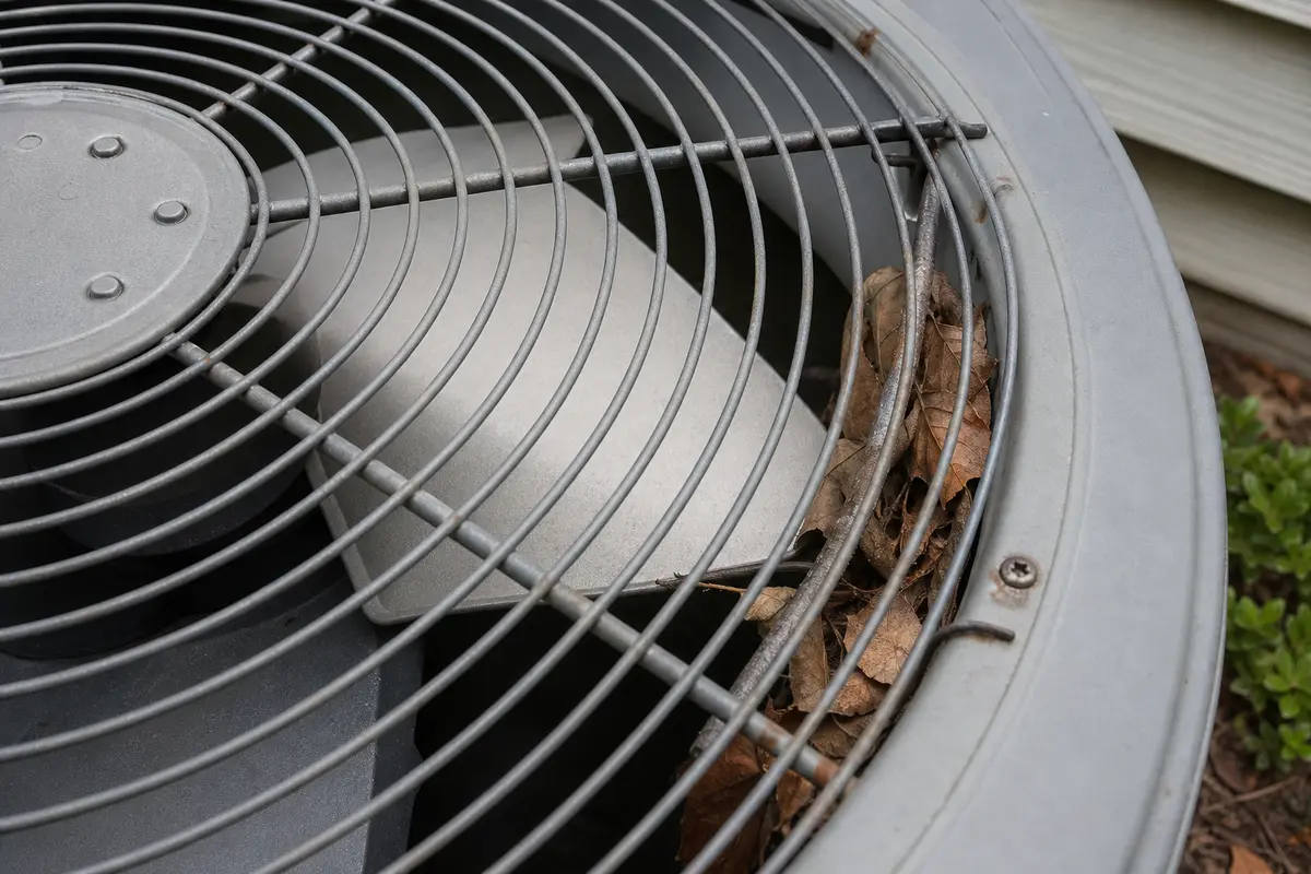 Leaves and debris near a condenser fan guard that can stop an AC fan from spinning