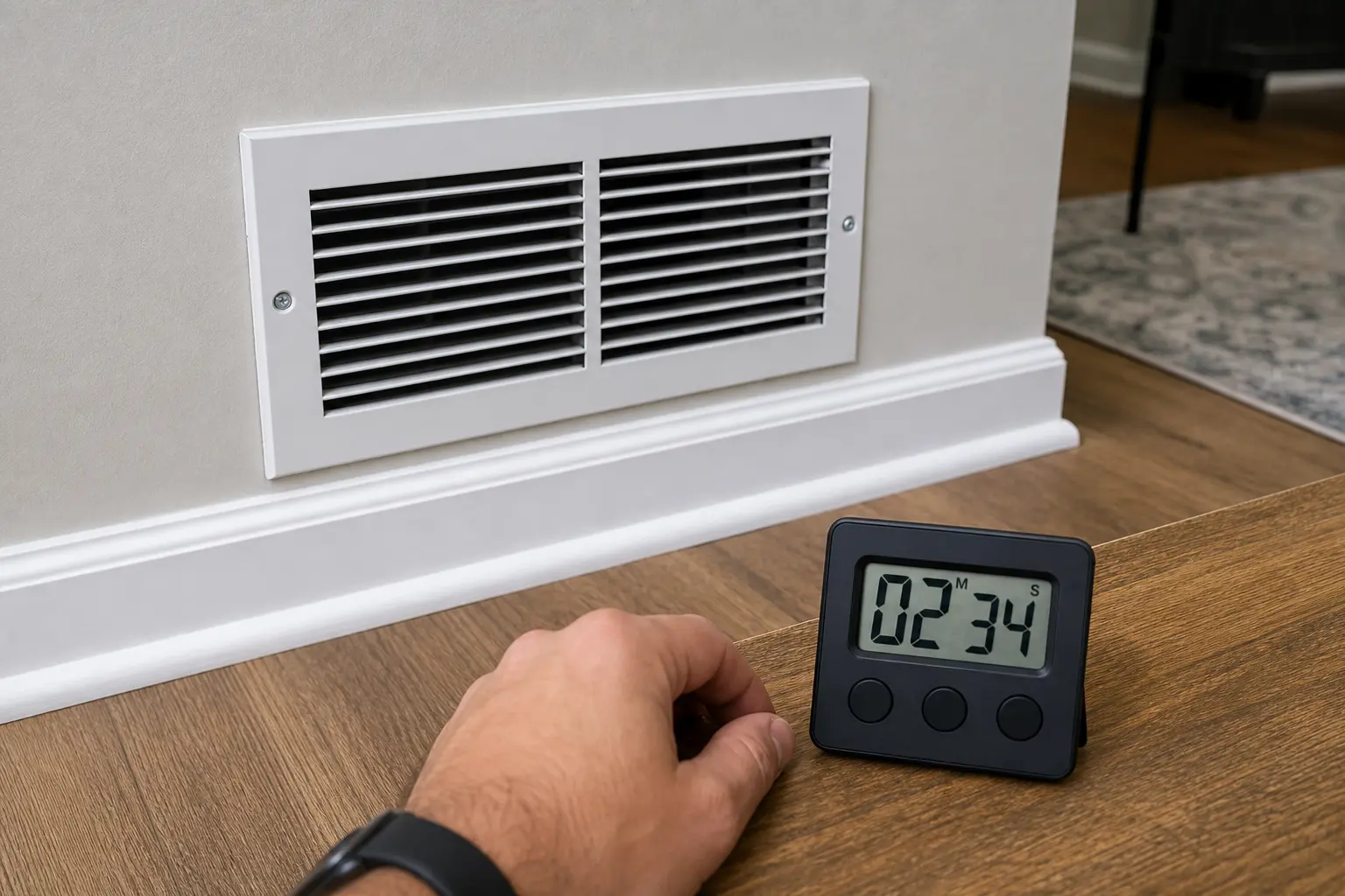 Timer beside supply vent while checking AC fan stays on in Auto mode after cooling stops
