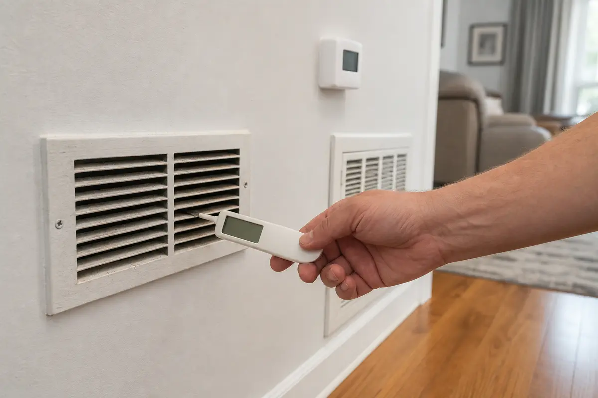 Thermometer at supply vent comparing cooling output when an air conditioner keeps running