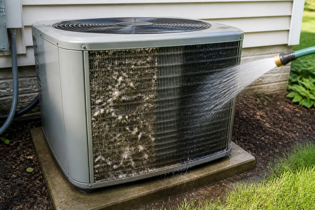 Gentle hose rinse cleaning a dirty outdoor condenser coil for a slow AC fan check