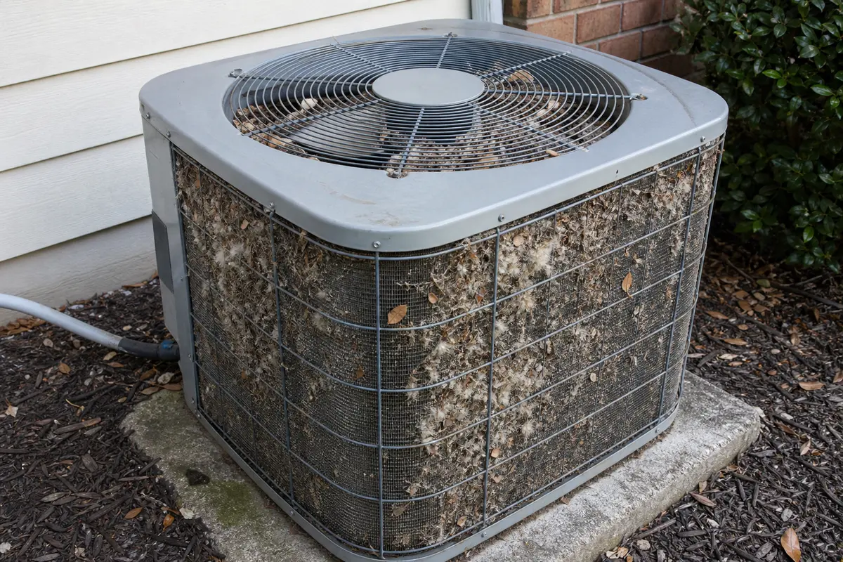 Outdoor AC condenser with cottonwood and leaves packed into the coil while checking a slow fan