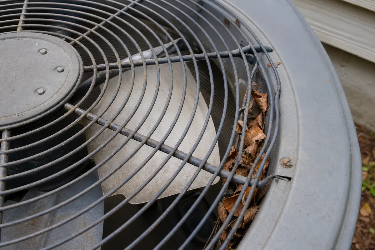 Leaves caught under the outdoor AC fan guard near the condenser fan blade path