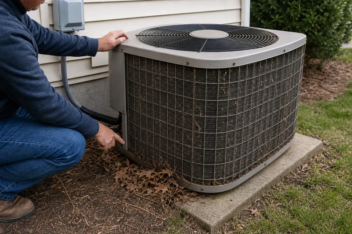 Outdoor AC condenser cabinet checked from outside during repeated clicking diagnosis