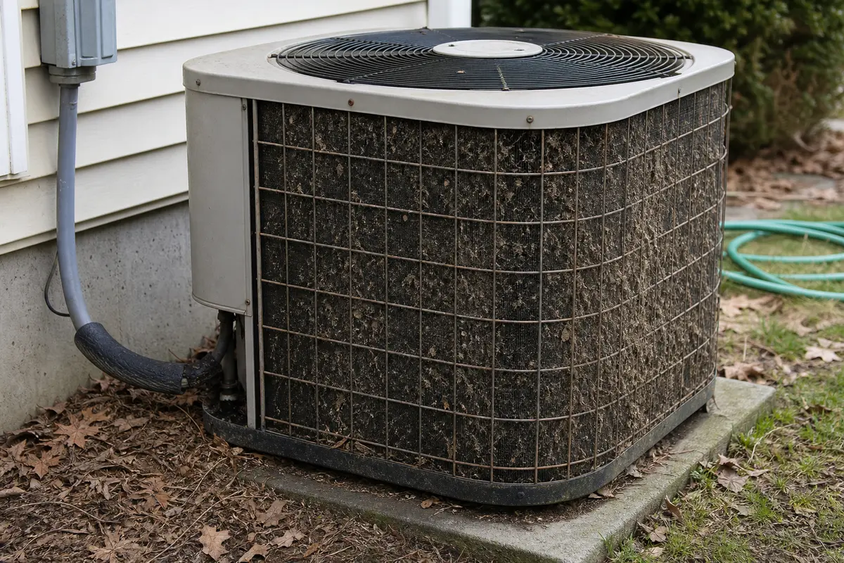 Outdoor air conditioner condenser with clogged coil during repeated clicking diagnosis