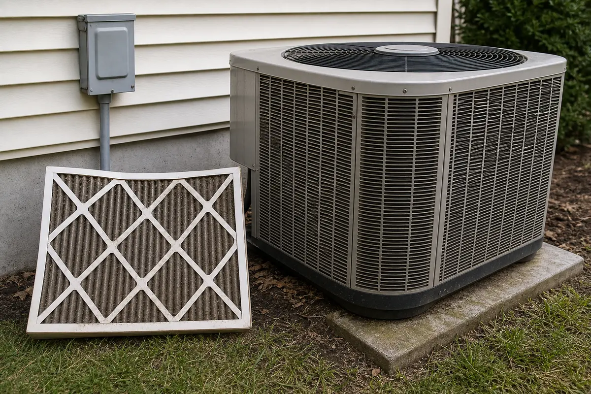 Outdoor AC condenser, disconnect box, and filter checked before capacitor diagnosis