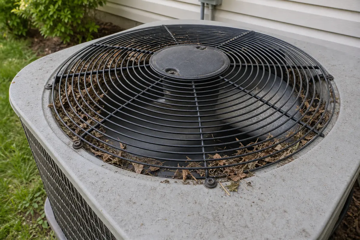 Leaves caught under outdoor AC fan guard while unit clicks and will not start
