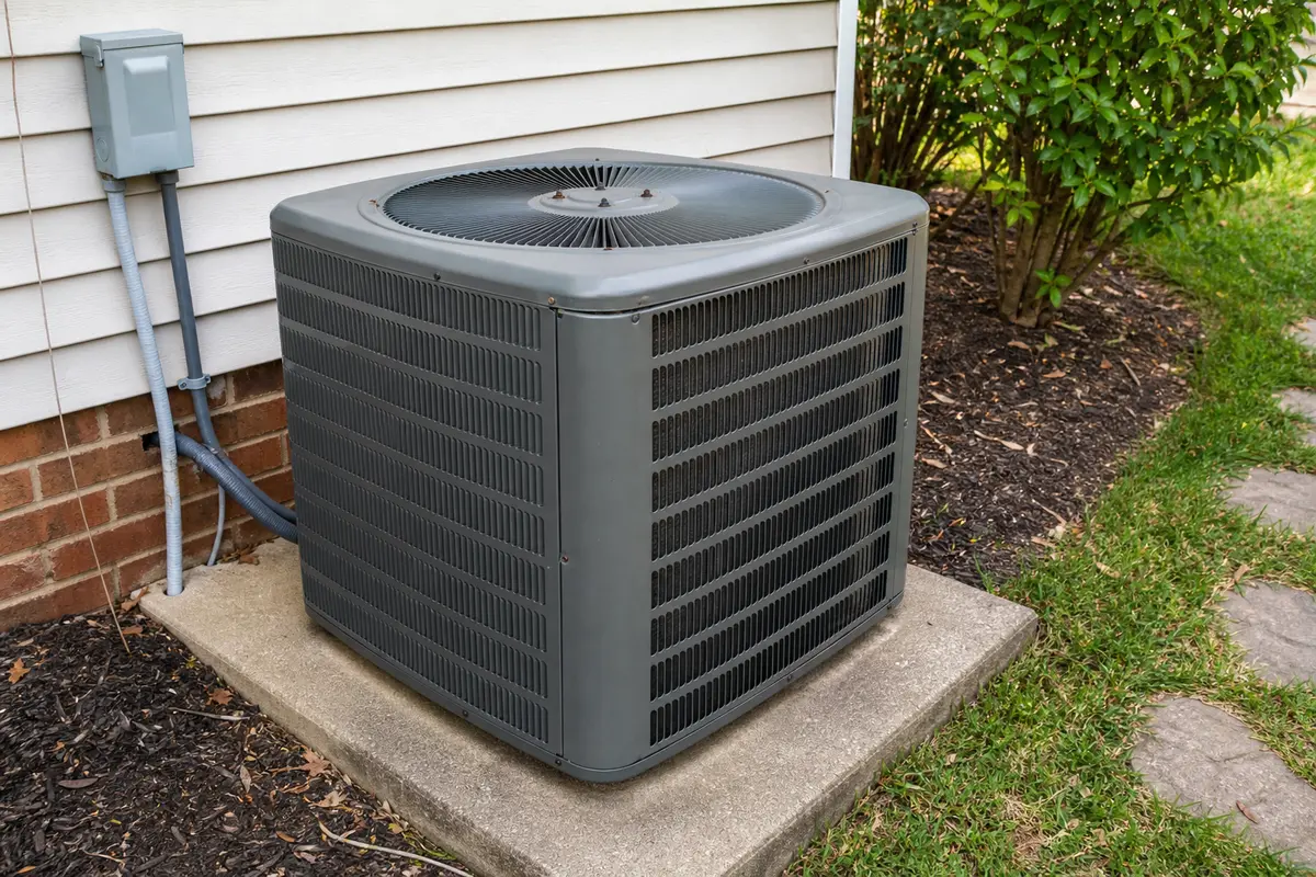 Outdoor AC condenser inspected for rattling panel and fan guard clues