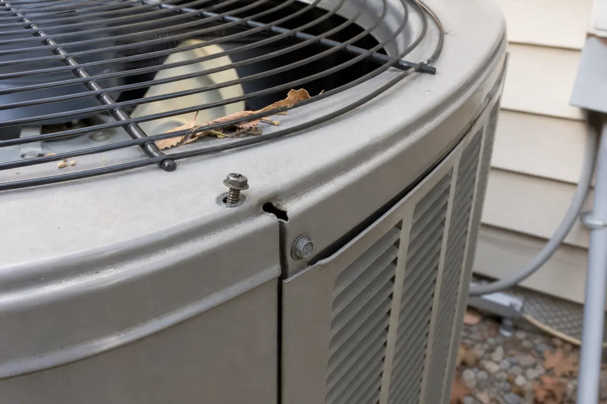Air conditioner outside unit rattling at the fan grille with loose screw and debris