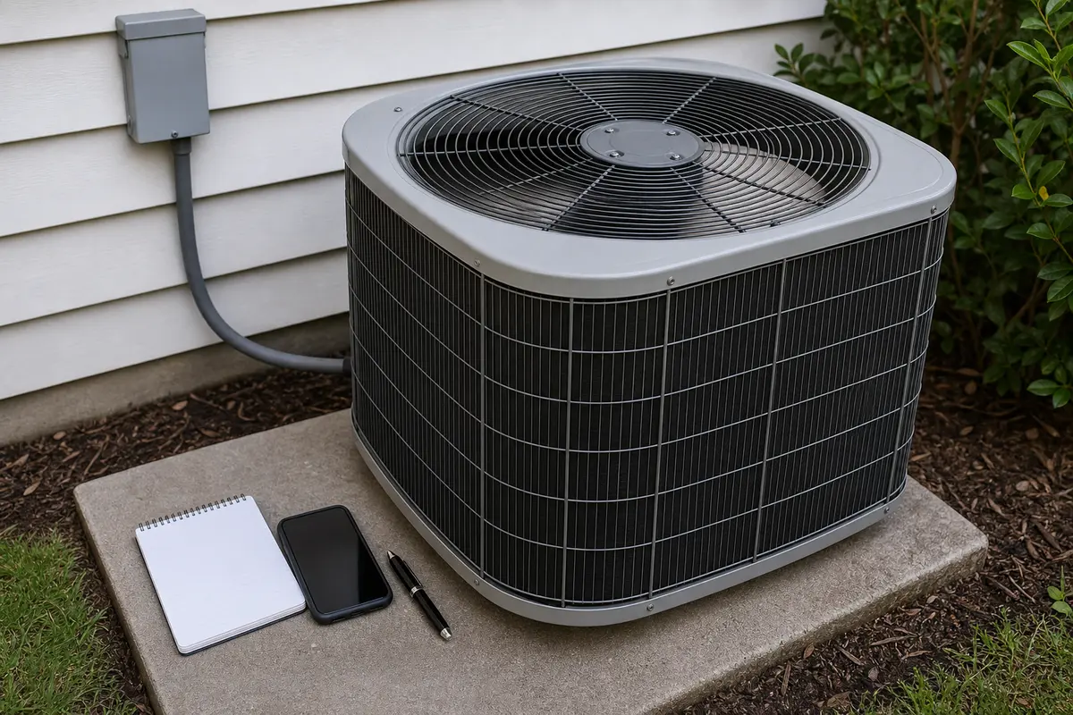 Outdoor AC condenser with a timer and notepad for checking short cycle run time