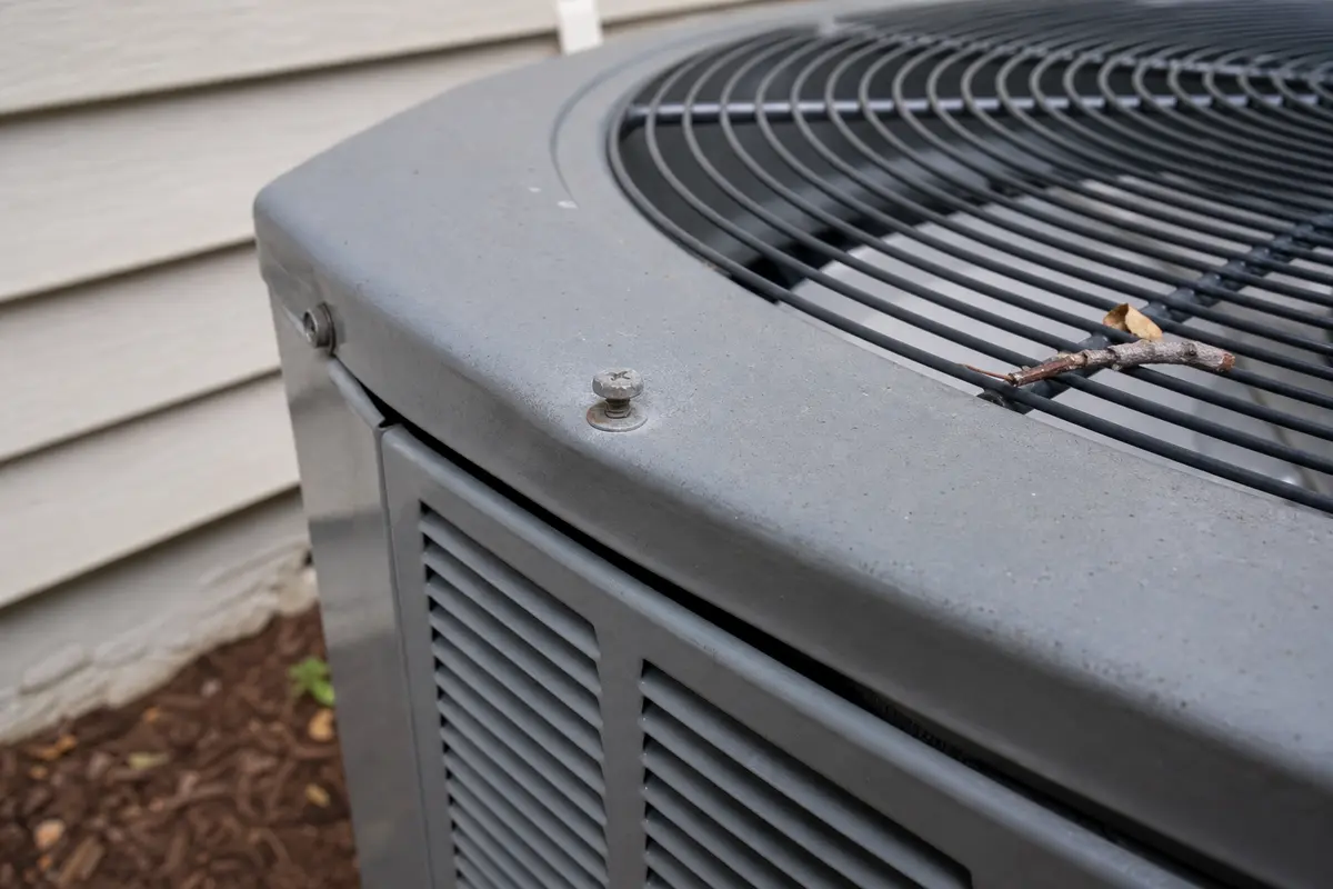 Air conditioner outside unit vibrating with loose grille screw and fan-area debris