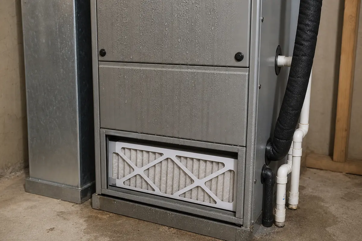 Air handler cabinet with visible sweating and filter slot clues