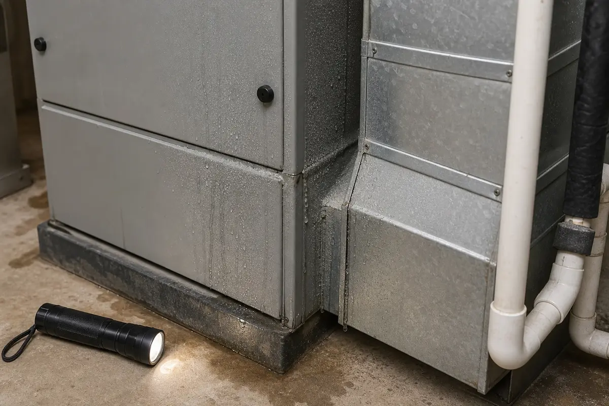 Close-up condensation on air handler cabinet and duct seam