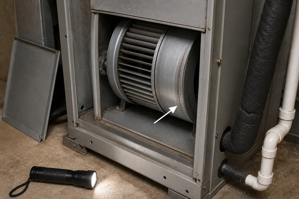 Air handler blower wheel rub mark checked with power off