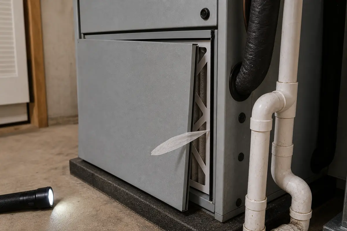 Air handler filter door whistle gap checked with paper strip