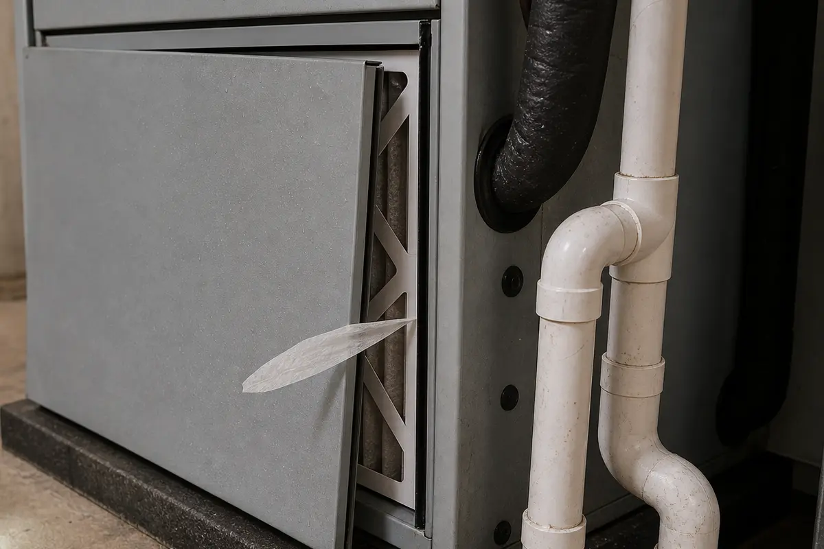 Close-up of air handler filter door gap causing whistle