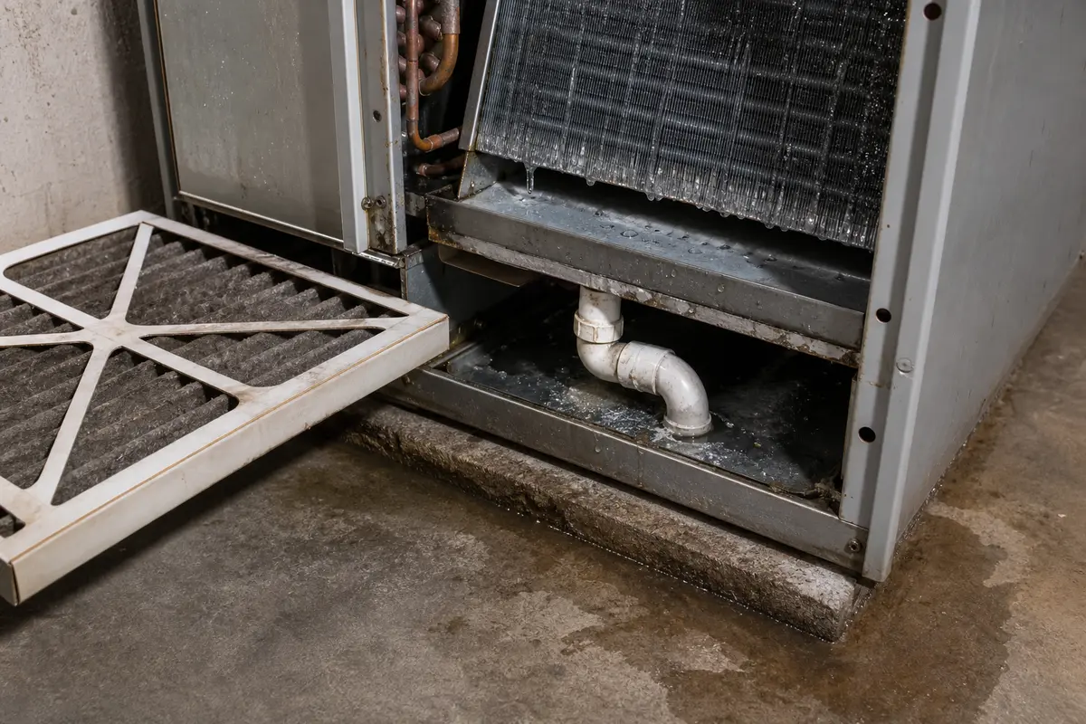 Air handler filter and drain checked after frozen coil thaw