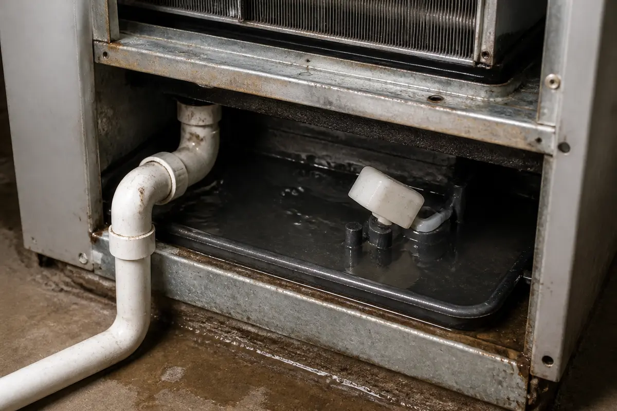 Air handler drain pan checked for thaw water after frozen coil