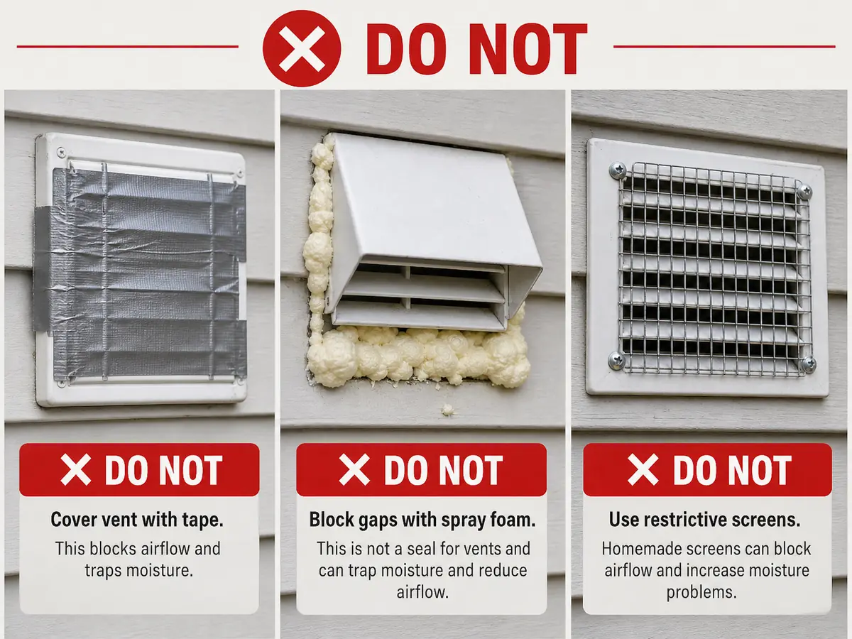 Bad bathroom vent patch examples including tape, foam, and restrictive screen that should not be used