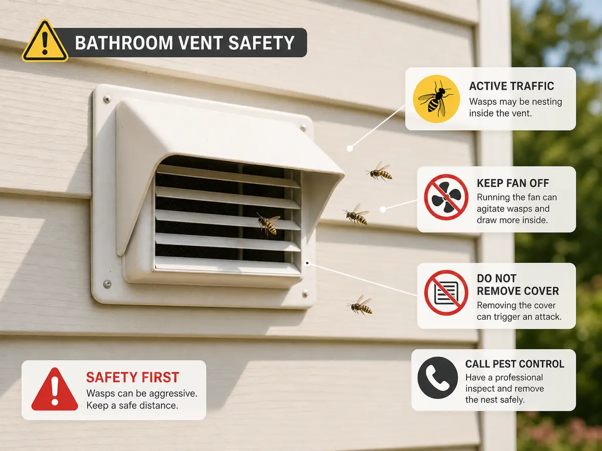 Active hornets or wasps entering a bathroom exhaust vent with warning labels to keep distance and not remove the cover