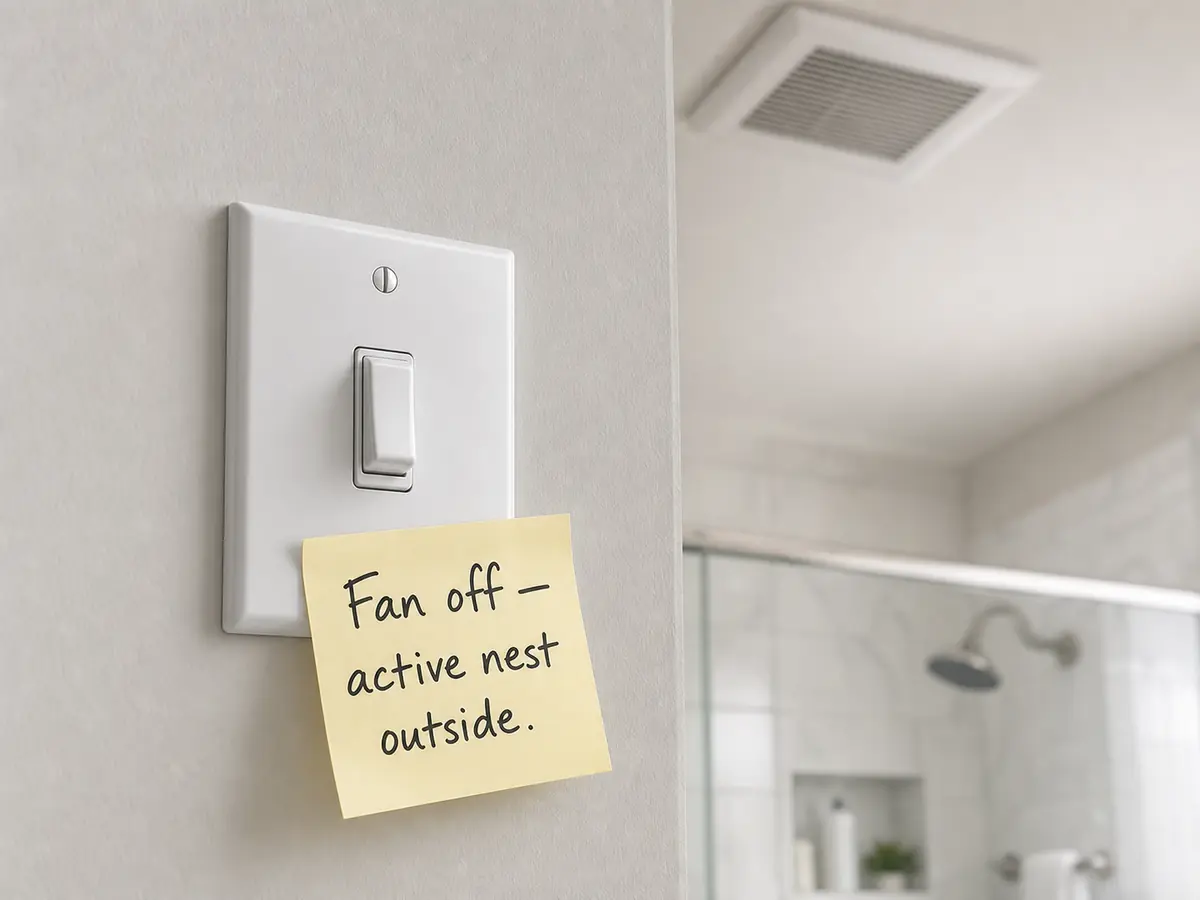 Bathroom fan switch with a note reminding the homeowner to keep the fan off while hornets or wasps are active outside