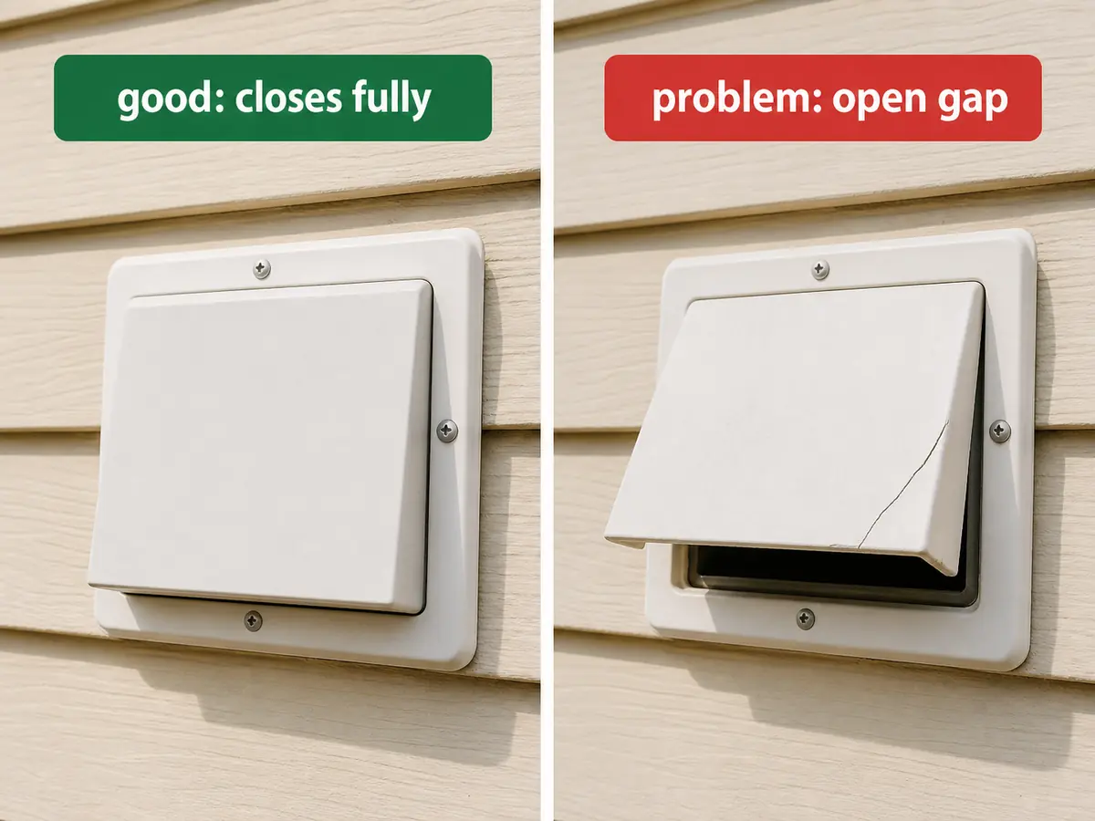 Comparison of a bathroom exhaust vent cover that closes properly and one with a stuck-open flap